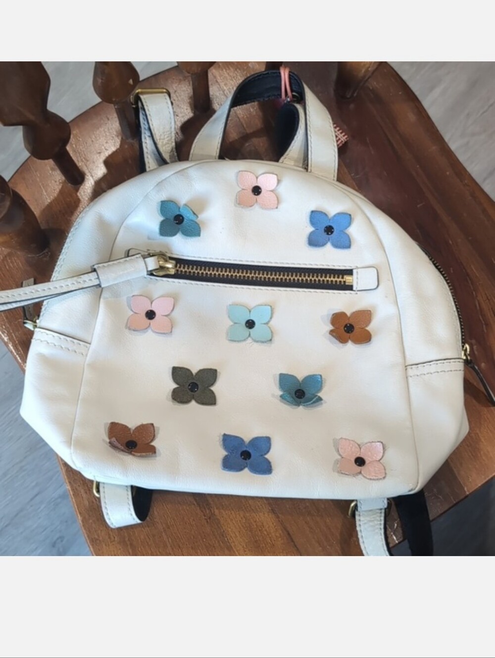 Fossil Megan Off-White Leather Mini Backpack Multicolor Floral Appliques